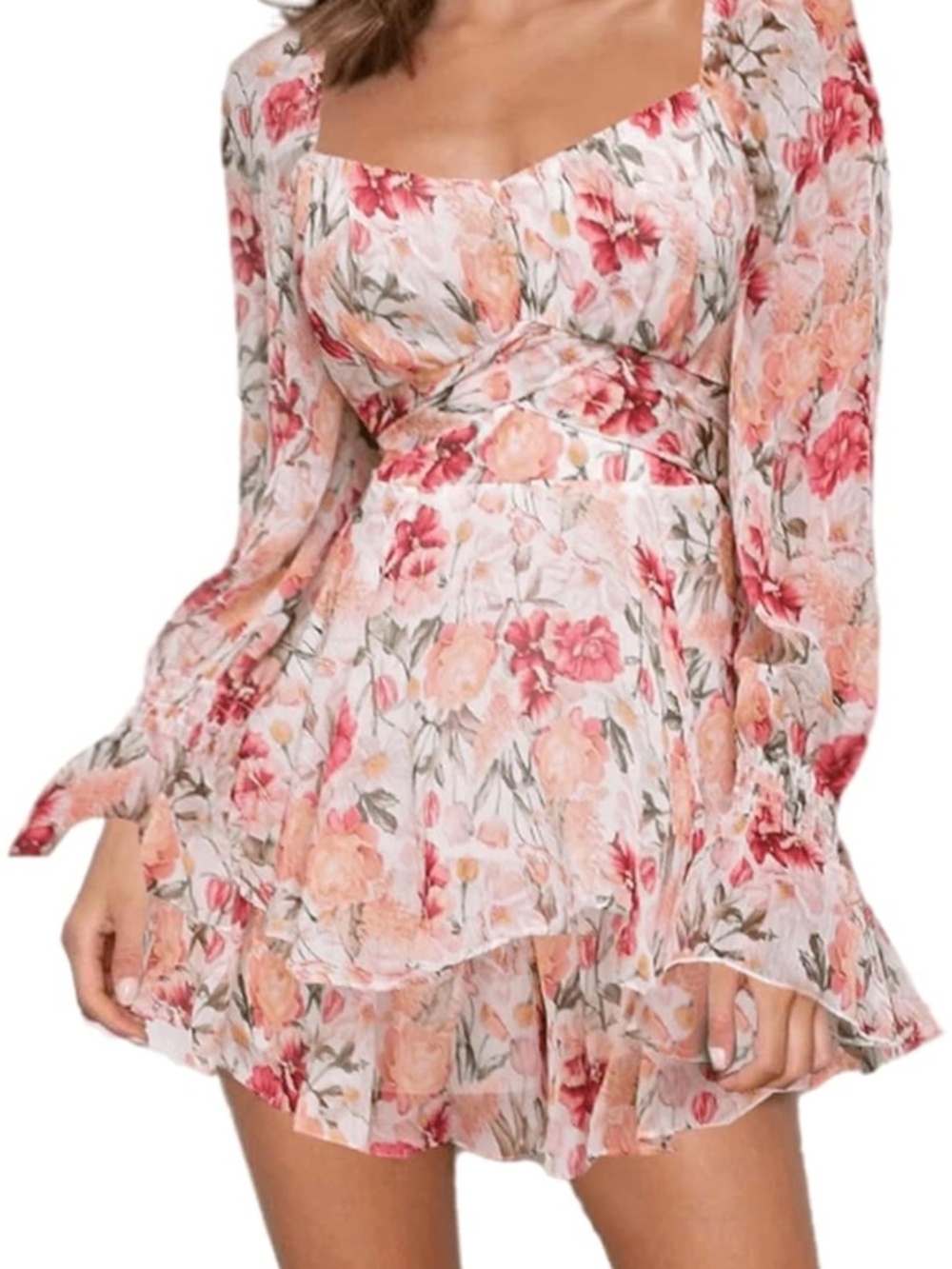 Women's Floral Print Square Neck Romper Baggy Sleeve Waist Tie Double Layer Ruff
